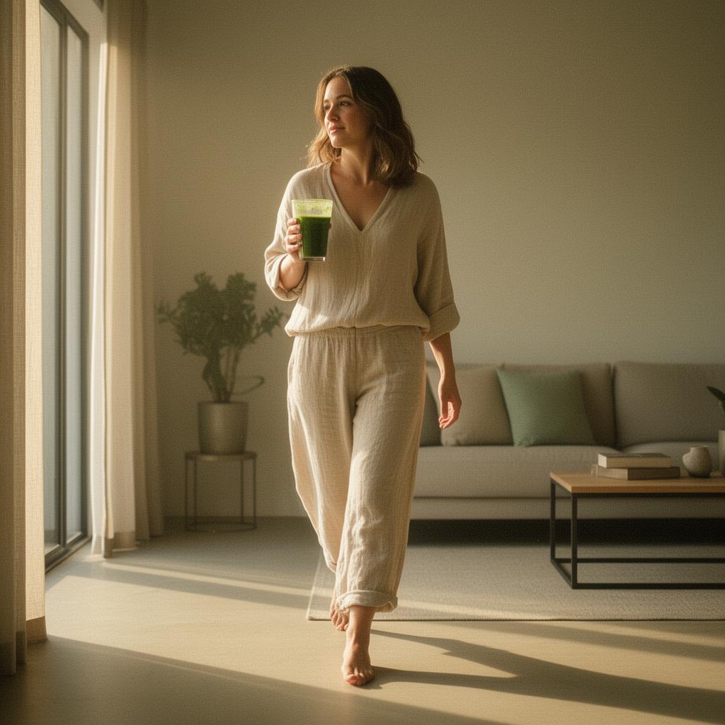 A woman walking barefoot in morning sunlight holding a green smoothie