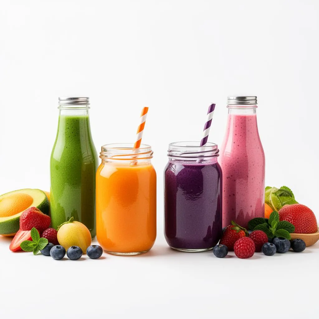 Colorful healthy smoothie recipes — green, orange, purple and pink smoothies with fresh fruits